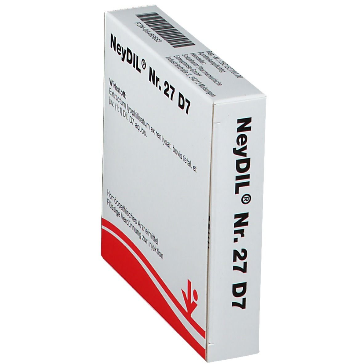 Schräg stehende Packung NeyDil Nr. 27 D7. Weiß mit roter Grafik. Text: Wirkstoff, homöopathisches Arzneimittel.