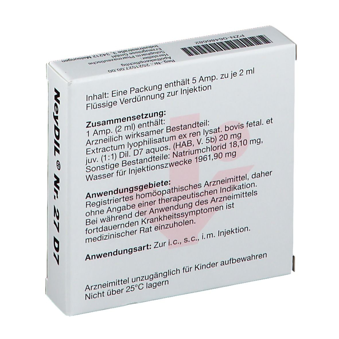 Rückseite der Packung NeyDil Nr. 27 D7. Text: Zusammensetzung, Anwendungsgebiete, Anwendung.