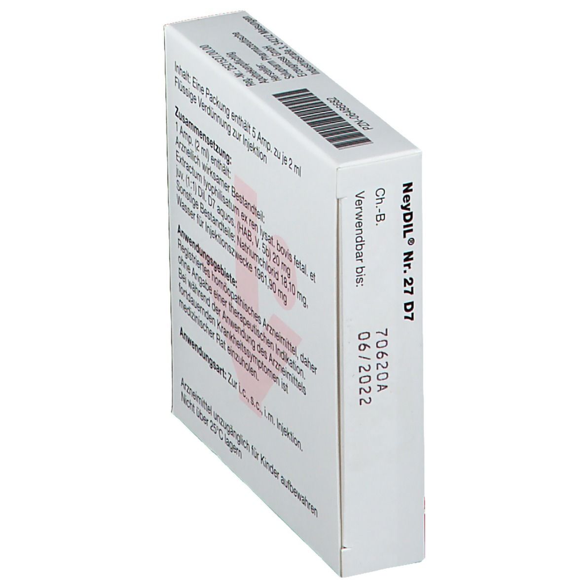 Schräg stehende Packung NeyDil Nr. 27 D7. Text: Verwendbar bis 06/2022. Barcode.