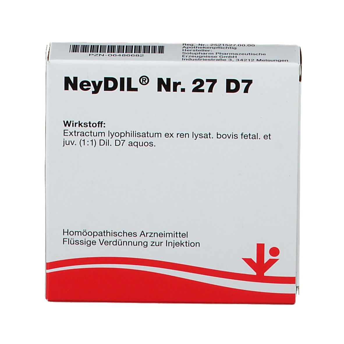 Packung NeyDil Nr. 27 D7. Weiß, mit roter und grüner Grafik. Text: Wirkstoff, homöopathisches Arzneimittel.