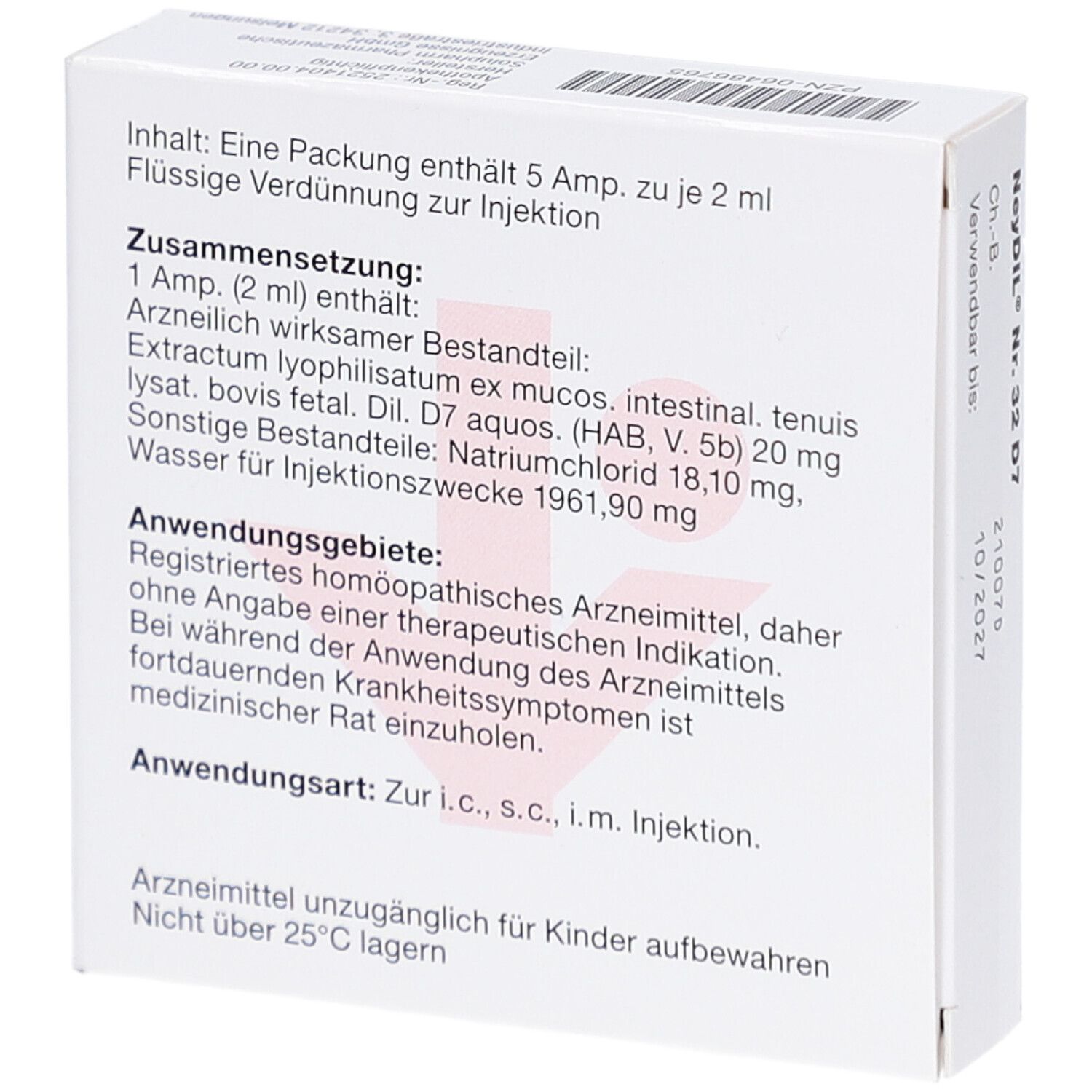Rückseite der weißen Schachtel. Aufschrift: NeyDIL Nr. 32 D7. Enthält Informationen zu Inhaltsstoffen und Anwendung.