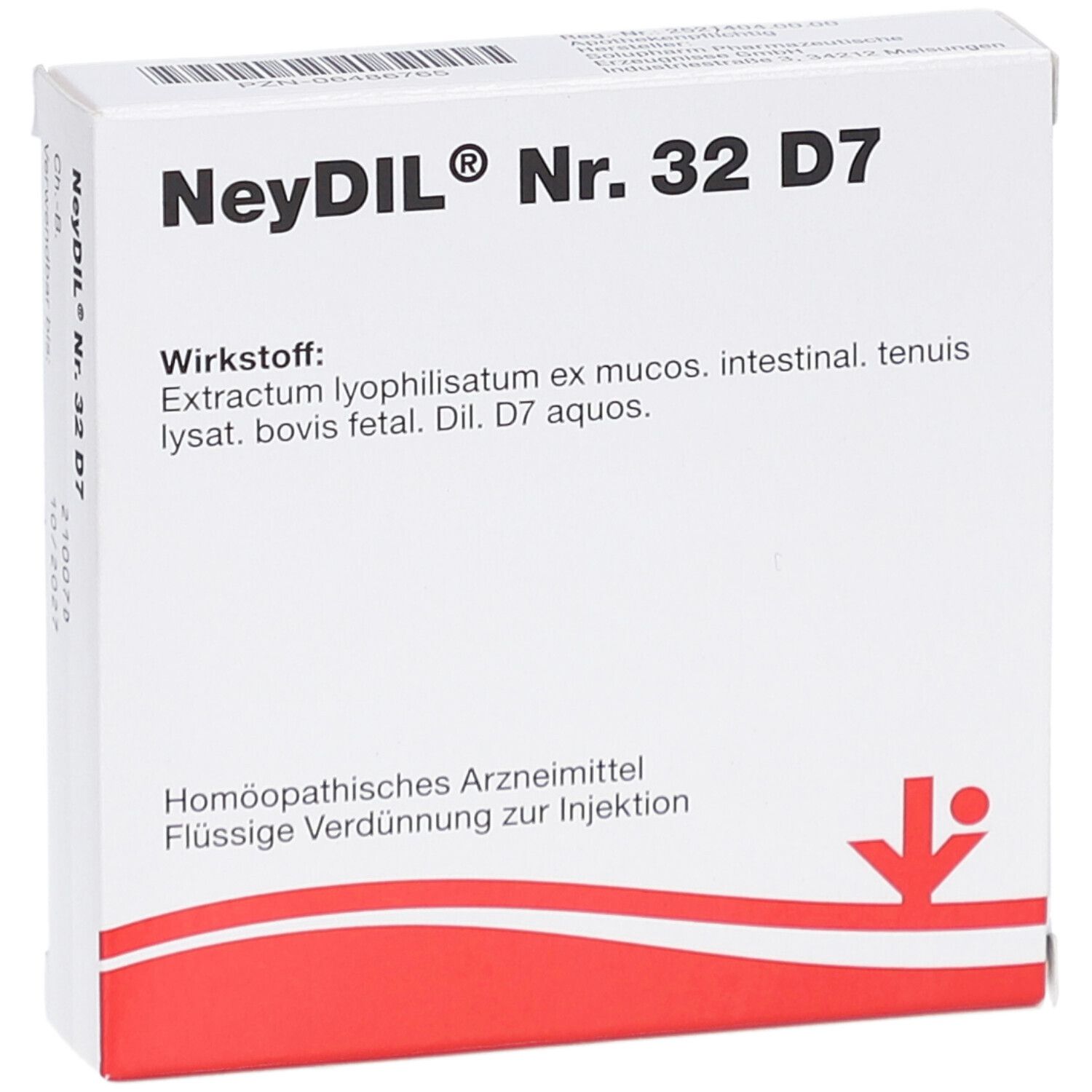 Weiße Schachtel mit rotem Akzent. Aufschrift: NeyDIL Nr. 32 D7. Enthält Informationen zu Inhaltsstoffen.