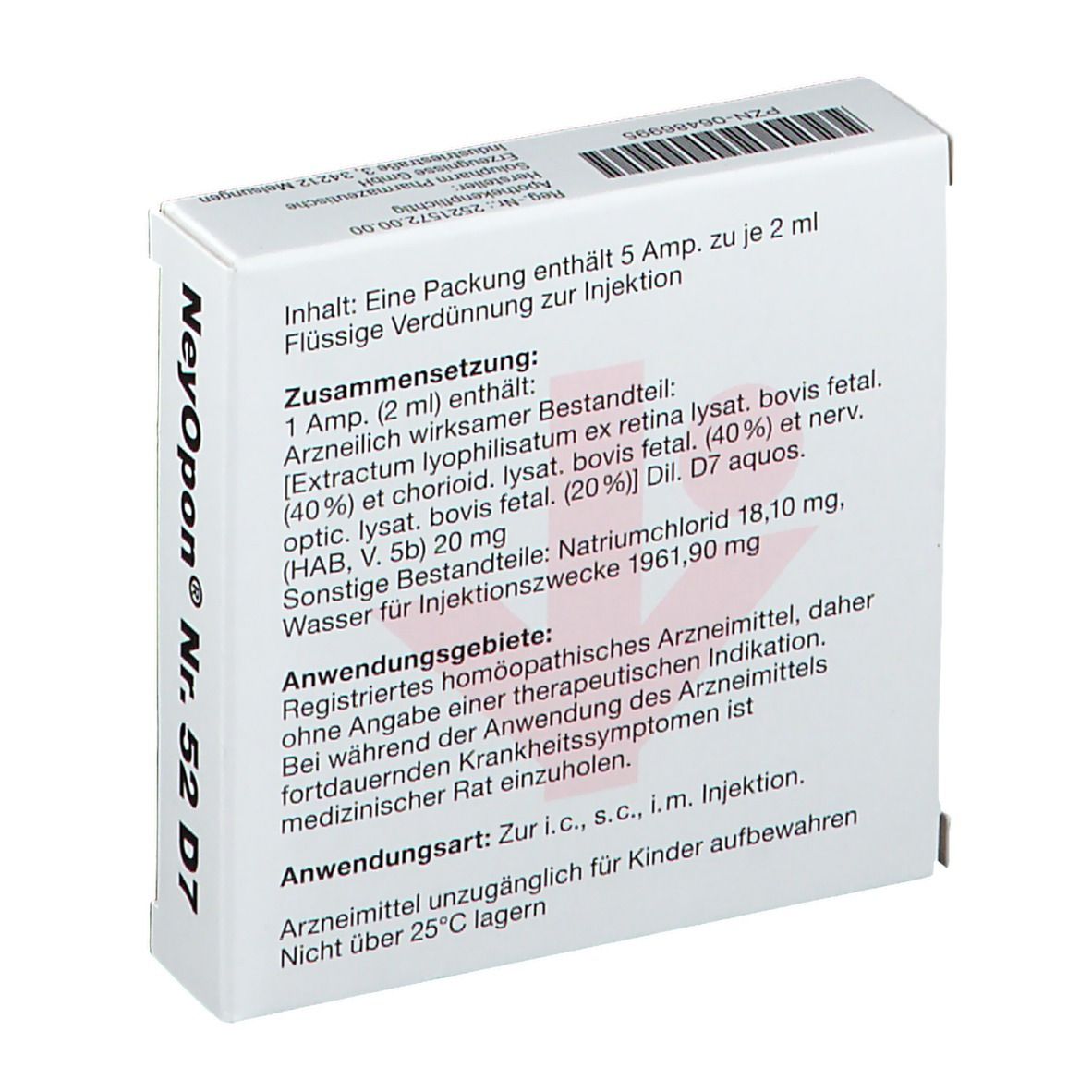Weißer Karton NeyOpon® Nr. 52 D7. Text: 5 Ampullen à 2 ml. Zusammensetzung. Homöopathisches Arzneimittel. Schräge Ansicht.