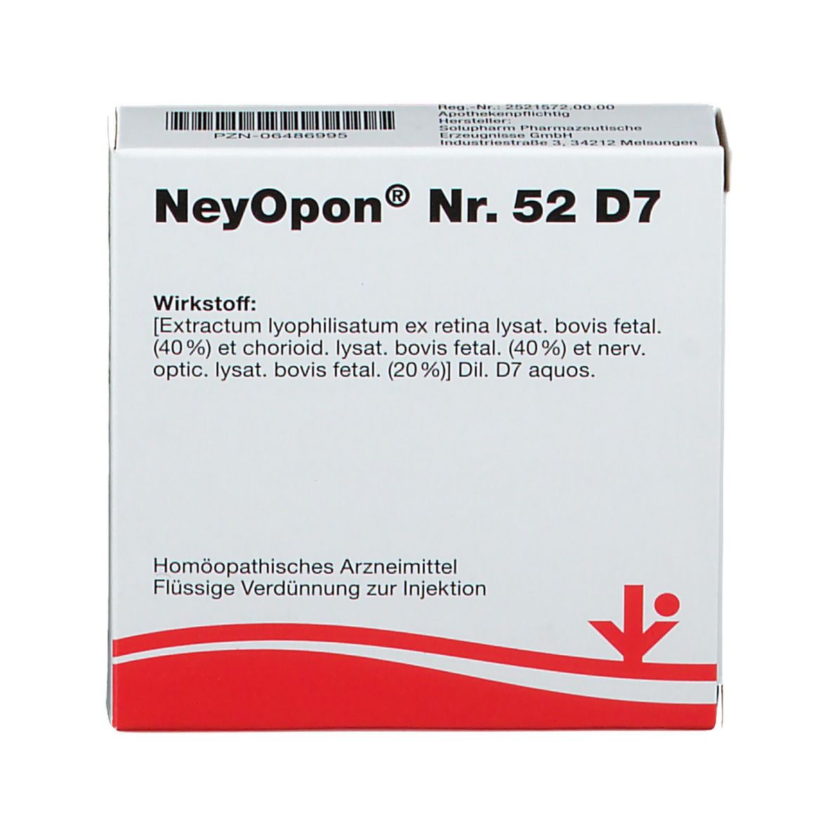 Weißer Karton mit NeyOpon® Nr. 52 D7. Text: Homöopathisches Arzneimittel, flüssige Verdünnung zur Injektion. Rote Grafik. Draufsicht.