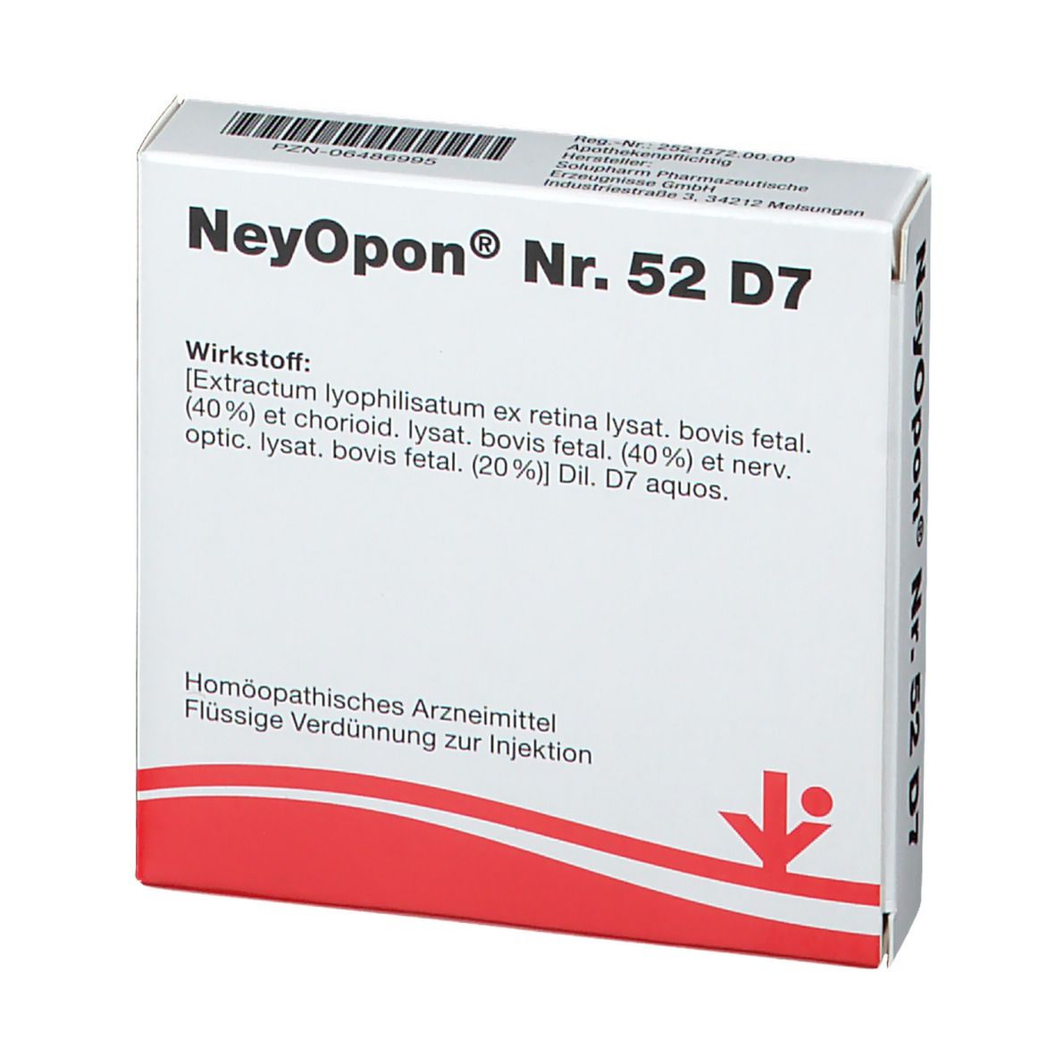 Weißer Karton mit NeyOpon® Nr. 52 D7. Text: Homöopathisches Arzneimittel, flüssige Verdünnung zur Injektion. Rote Grafik. Draufsicht.