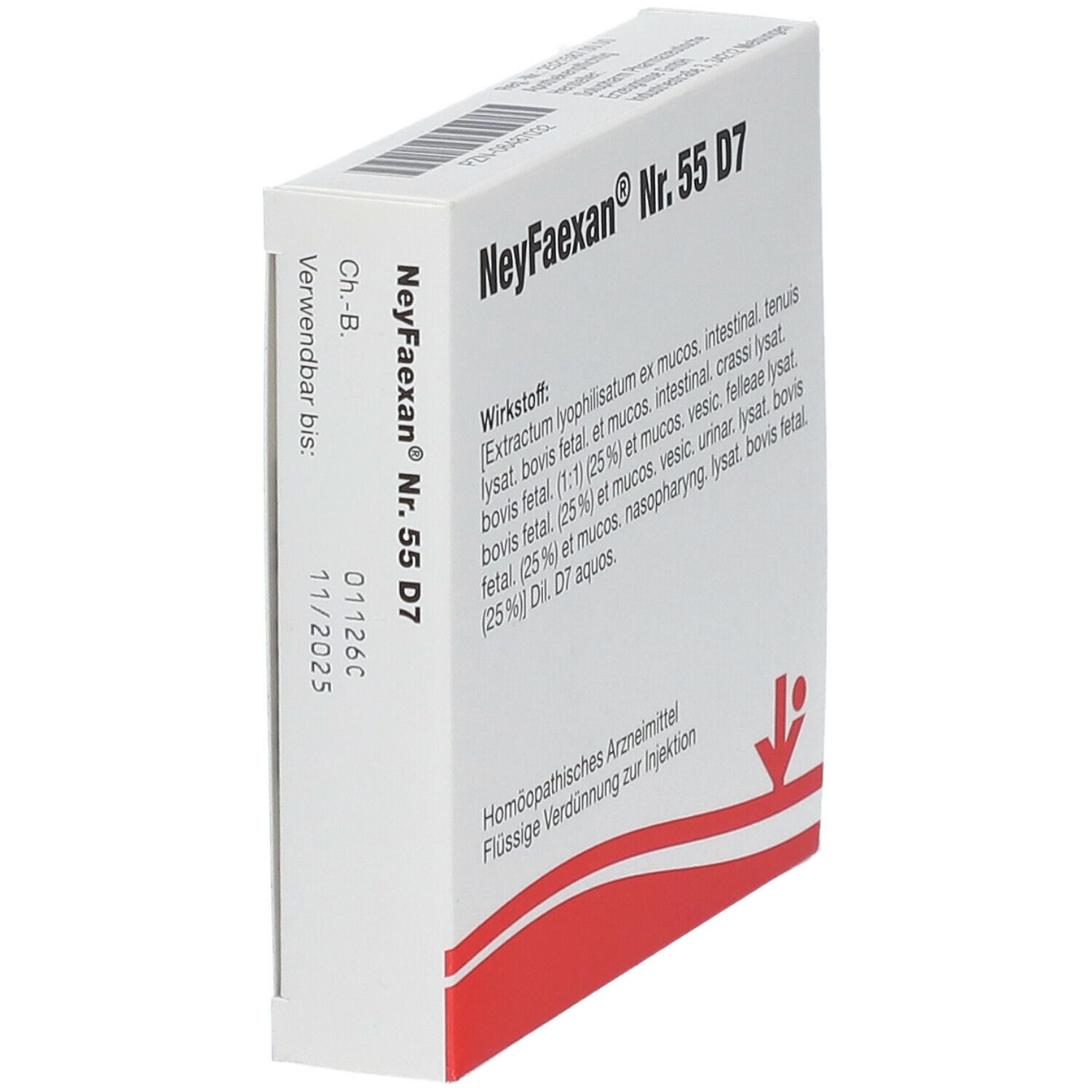 Schräg gestellte Packung NeyFaexan® Nr. 55 D7. Weiß, mit rotem Akzent. Text: Wirkstoff, Verwendbar bis.