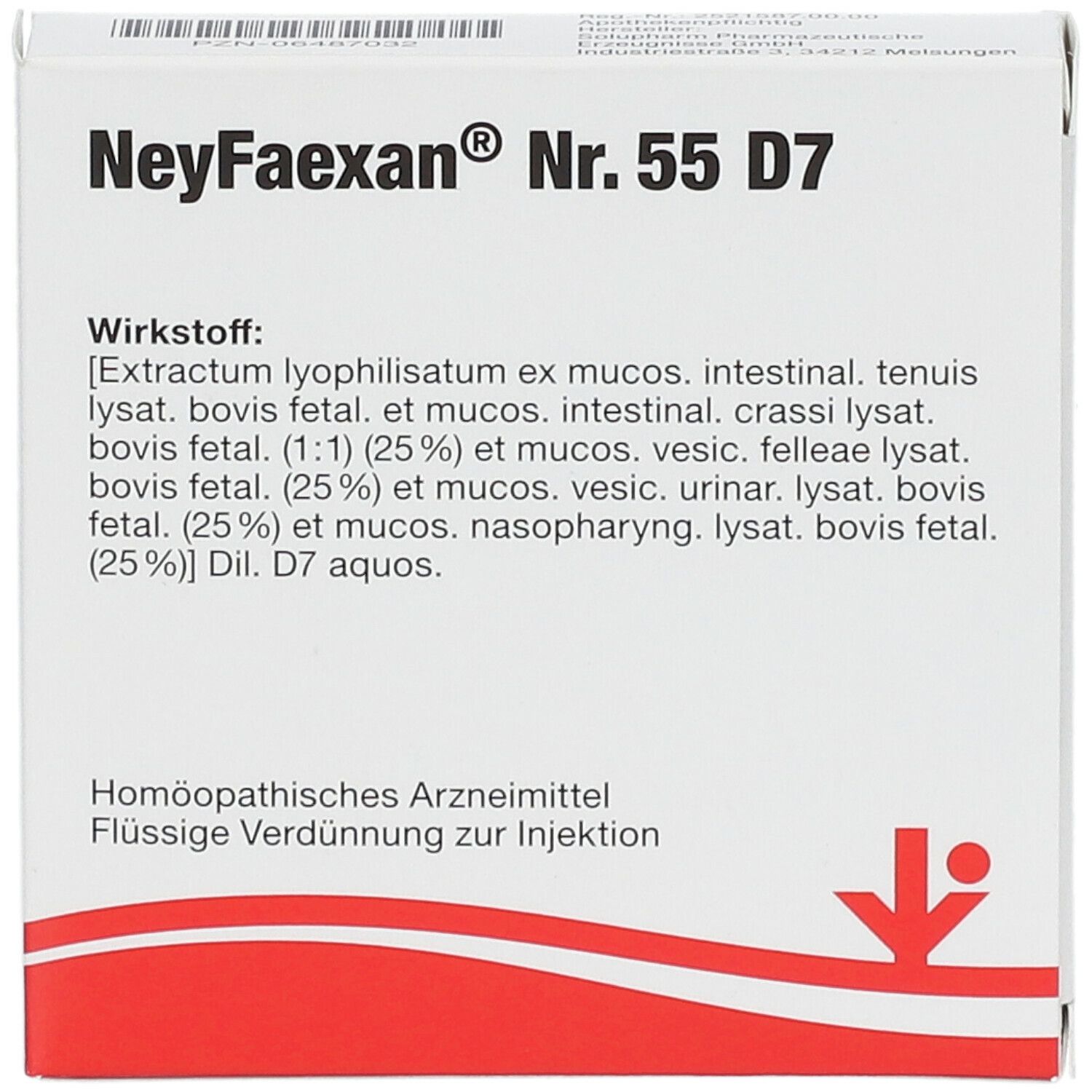 Vorderseite NeyFaexan® Nr. 55 D7. Weiß, roter Akzent. Text: Wirkstoff, Homöopathisches Arzneimittel.