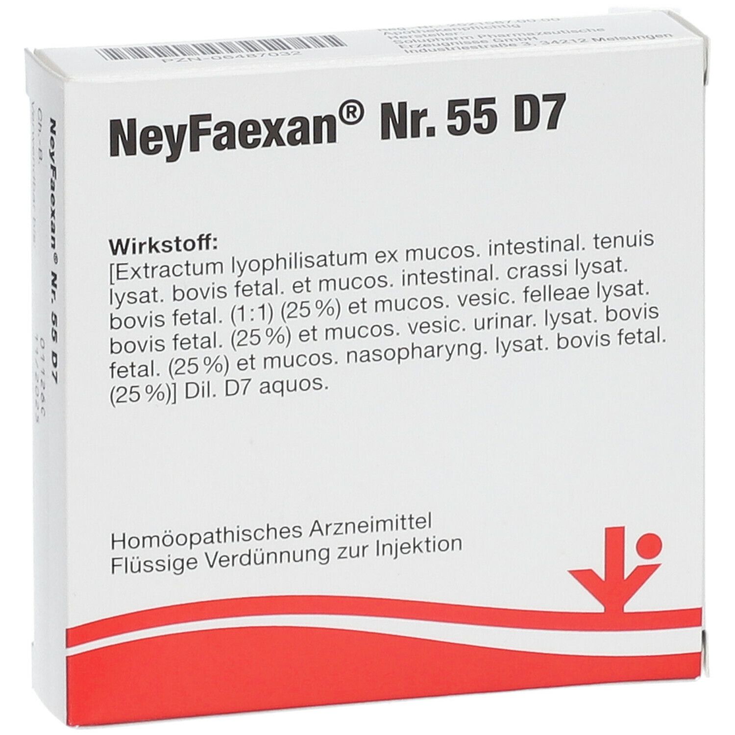 Vorderseite NeyFaexan® Nr. 55 D7. Weiß, roter Akzent. Text: Wirkstoff, Homöopathisches Arzneimittel.