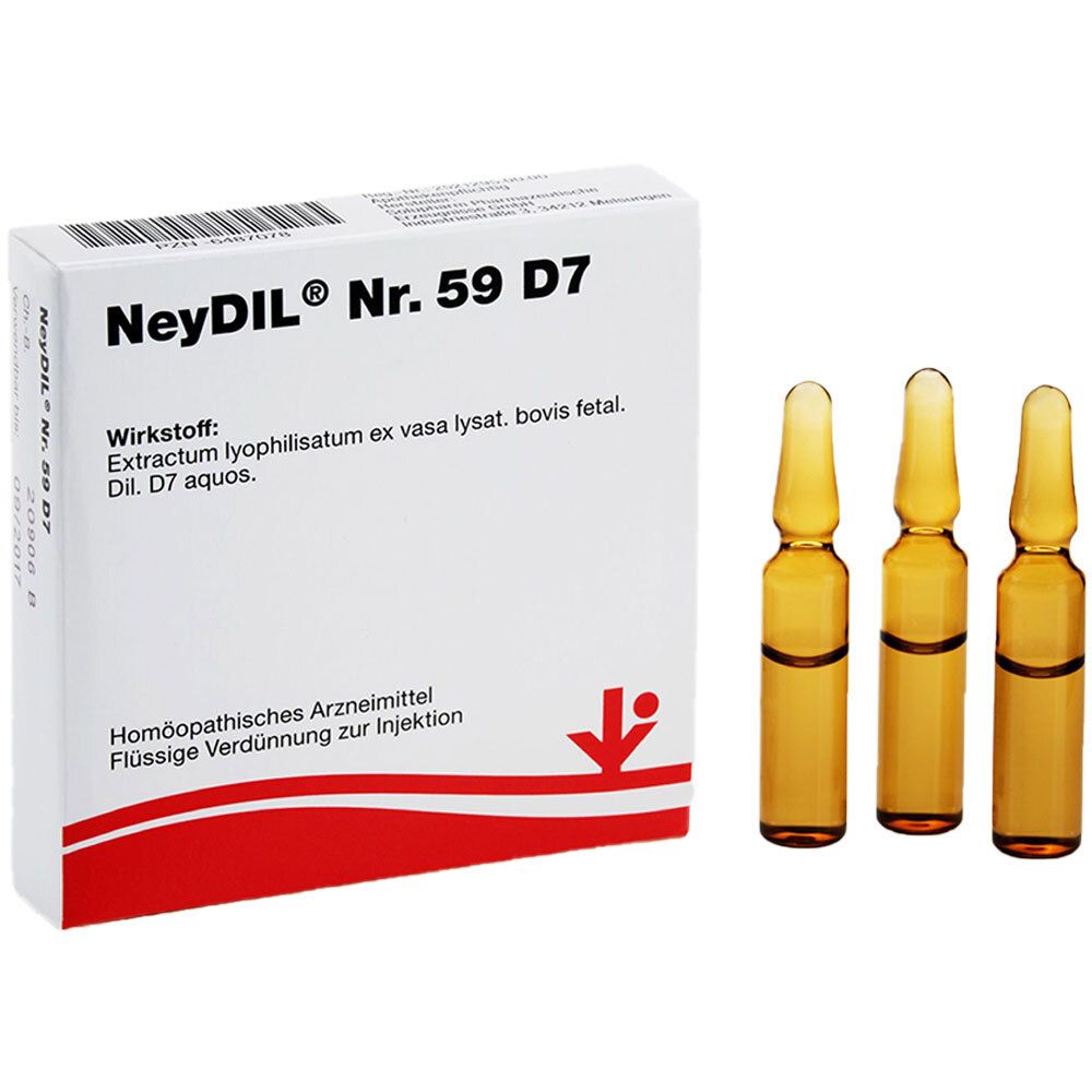 Packung NeyDil Nr. 59 D7 mit drei Ampullen. Aufschrift: Extraktum lyophilisatum ex vasa lysat. bovis fetal. Dil. D7 aquos.