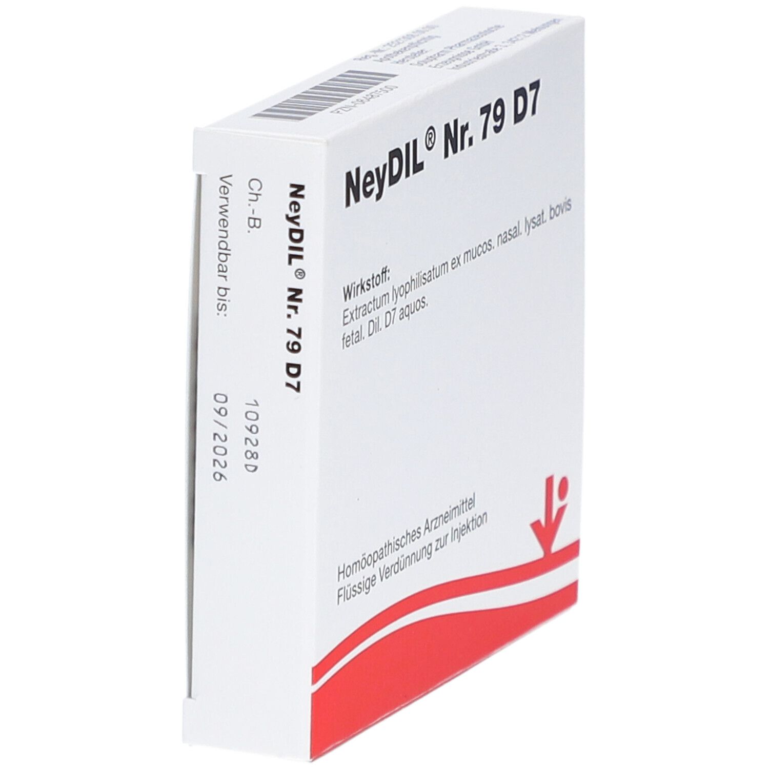 Weiße Faltschachtel, Seitenansicht. Aufschrift: NeyDIL® Nr. 79 D7. Verwendbar bis 09/2026. Ch.-B. 109280.