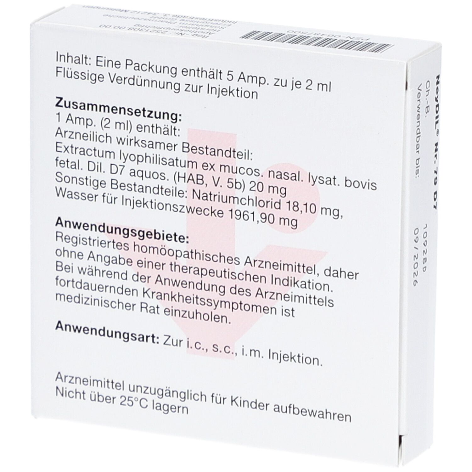 Rückseite der Faltschachtel. Text über Inhalt, Zusammensetzung, Anwendungsgebiete und Anwendung.