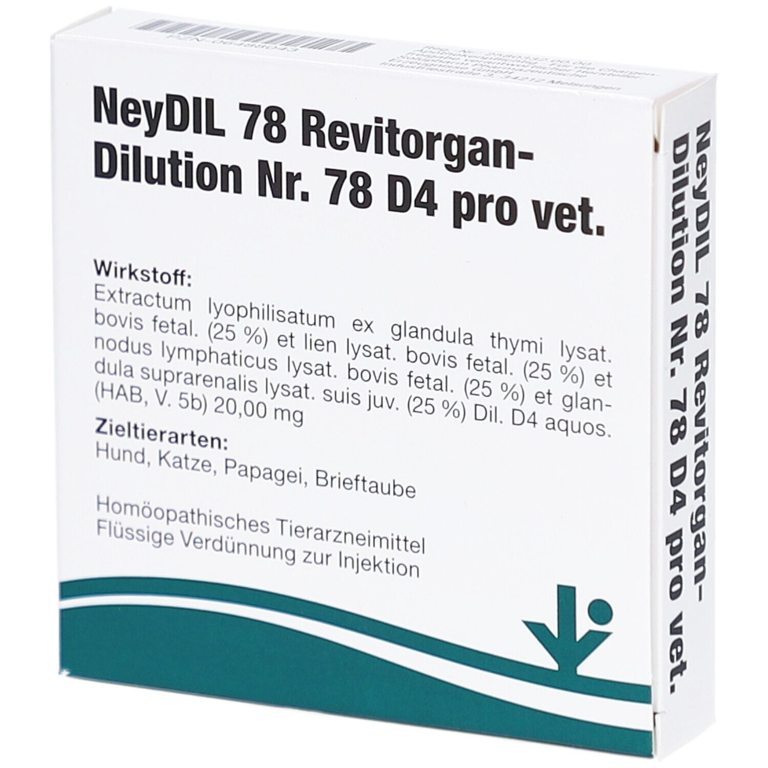 Weiße Verpackung mit Produktnamen und Inhaltsstoffen. Text: NeyDIL 78 Revitorgan-Dilution Nr. 78 D4 pro vet. Homöopathisches Tierarzneimittel.