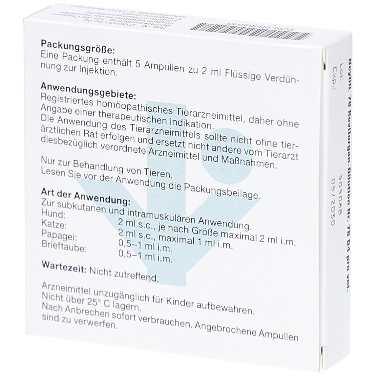 Weiße Verpackung mit Text. Text: NeyDIL 78 Revitorgan-Dilution Nr. 78 D4 pro vet. Packungsgröße: 5 Ampullen. Anwendungshinweise.