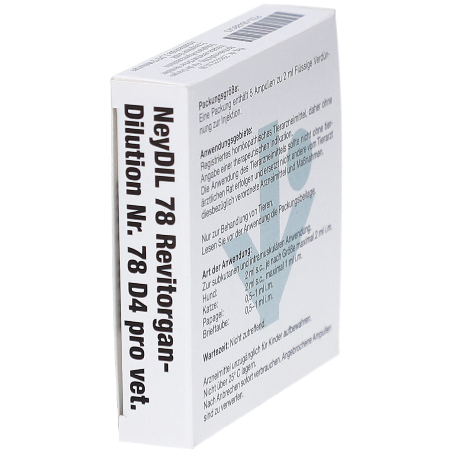 Weiße Verpackung, Seitenansicht. Text: NeyDIL 78 Revitorgan-Dilution Nr. 78 D4 pro vet. Packungsgröße: 5 Ampullen.