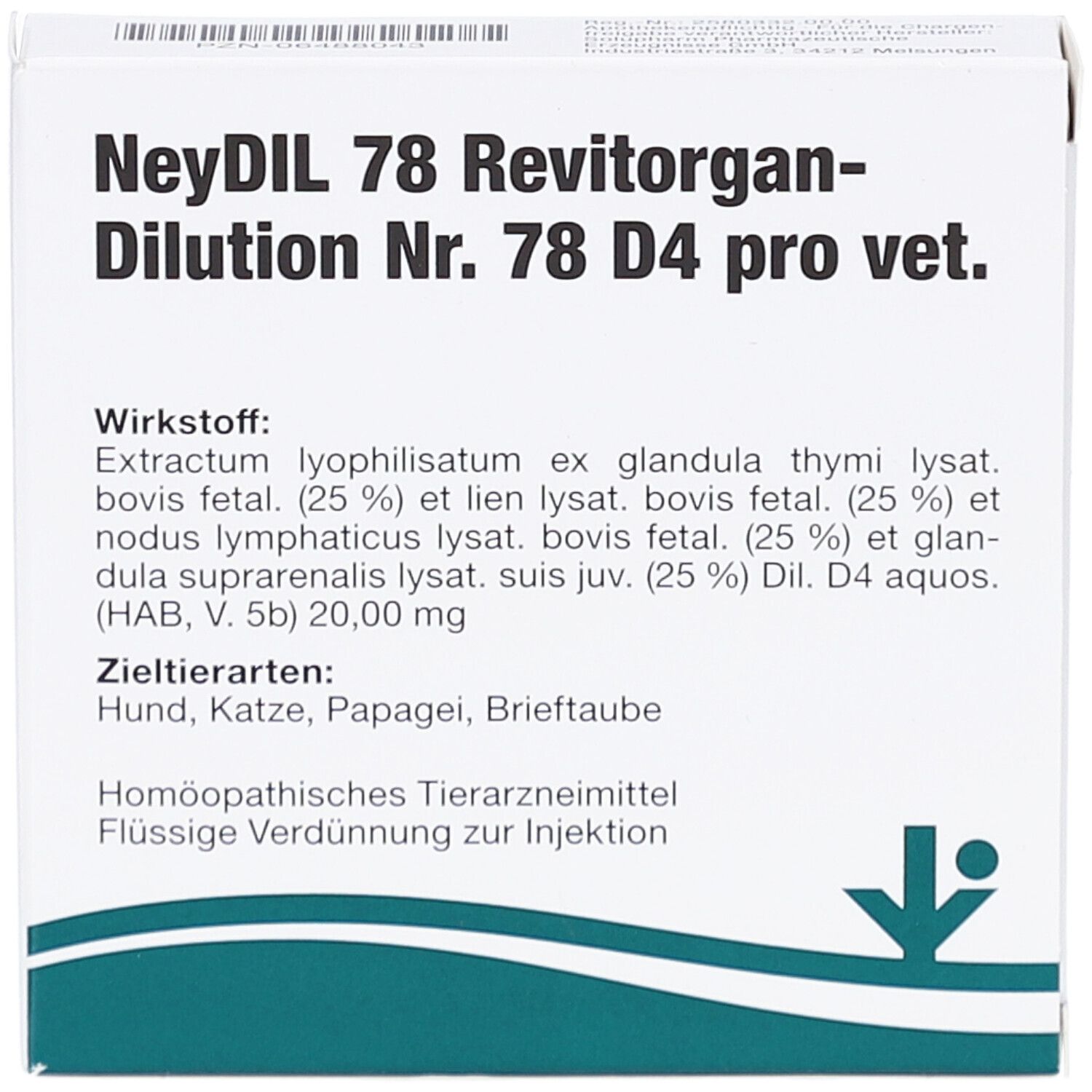 Weiße Verpackung mit Produktnamen und Inhaltsstoffen. Text: NeyDIL 78 Revitorgan-Dilution Nr. 78 D4 pro vet. Homöopathisches Tierarzneimittel.
