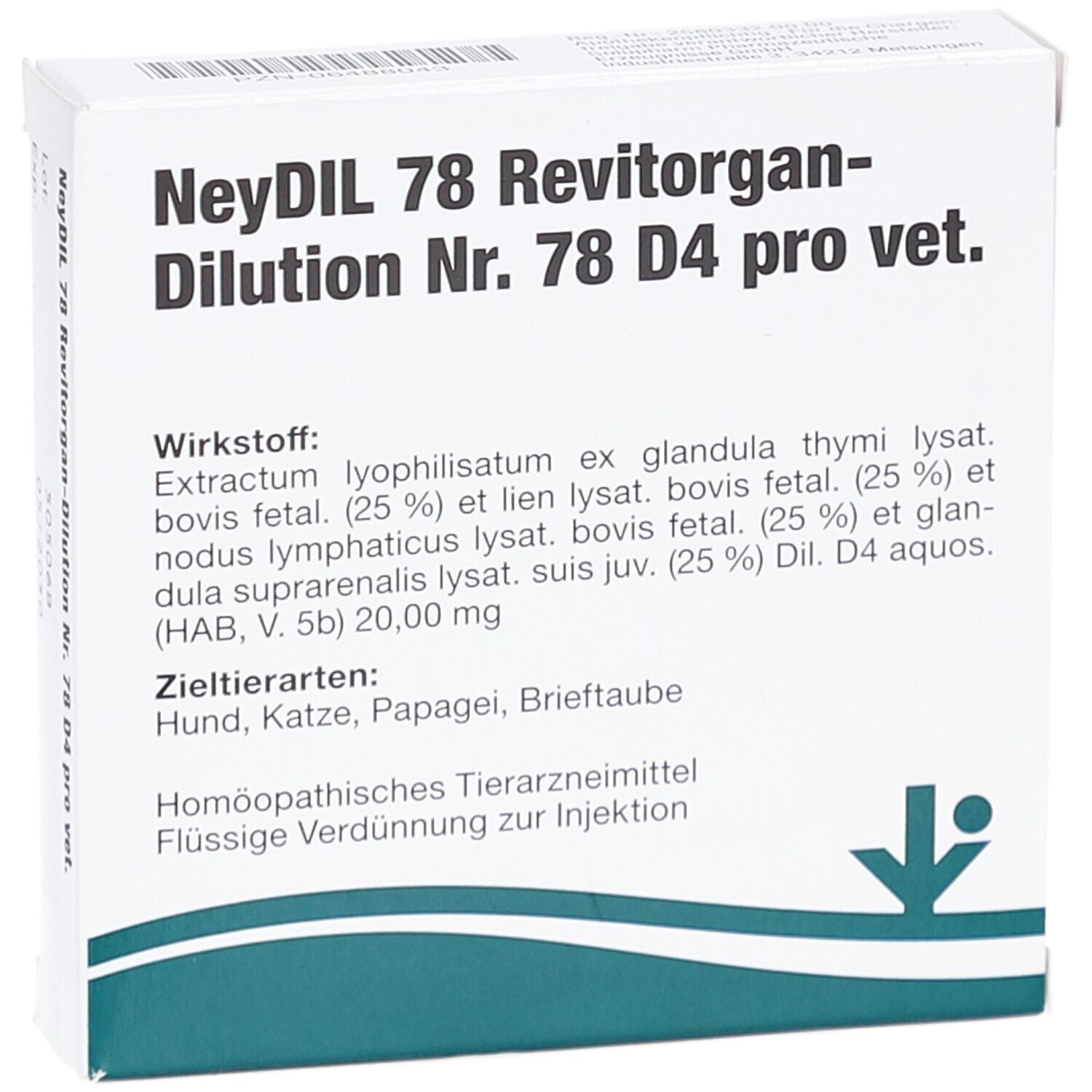 Weiße Verpackung mit Produktnamen und Inhaltsstoffen. Text: NeyDIL 78 Revitorgan-Dilution Nr. 78 D4 pro vet. Homöopathisches Tierarzneimittel.