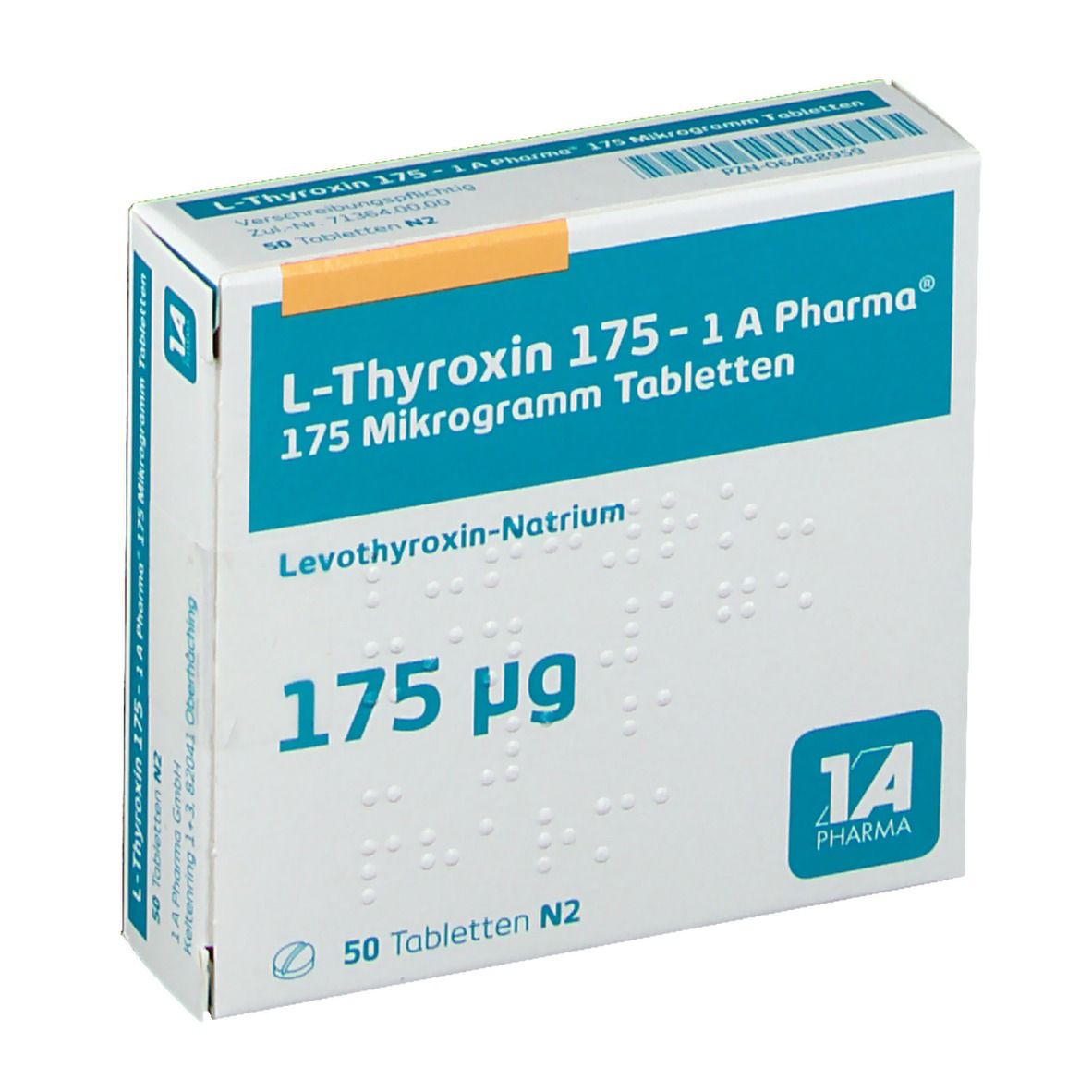 Schachtel L-Thyroxin 175-1A Pharma Tabletten. Aufschrift: 175 Mikrogramm, 50 Tabletten. Logo 1A Pharma.