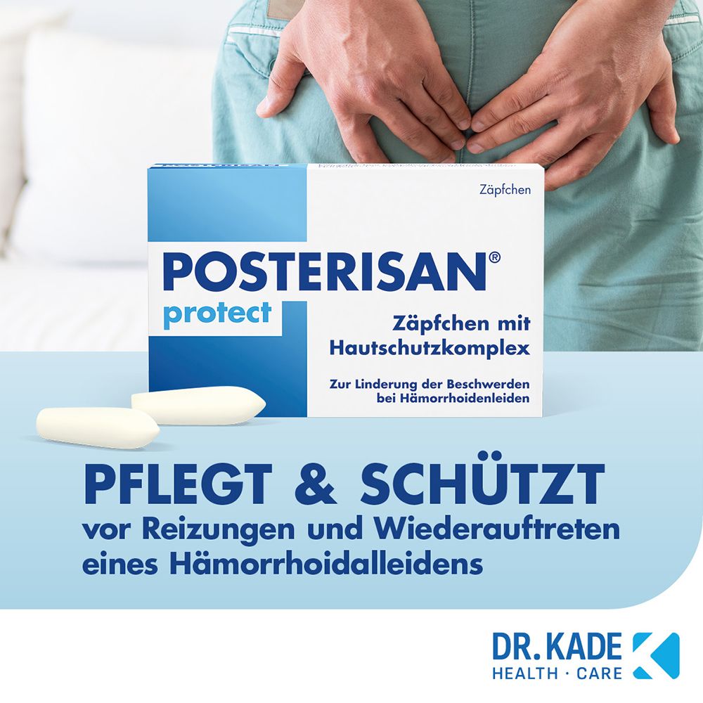 Packung Posterisan protect Zäpfchen mit Hautschutzkomplex. Pflegt & schützt vor Reizungen bei Hämorrhoiden. Mann sitzt im Hintergrund.