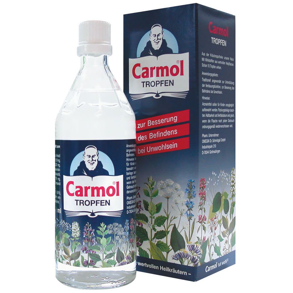 Eine Flasche und eine Schachtel mit dem Produkt Carmol Tropfen. Auf der Flasche und der Schachtel ist das Logo mit einem Mönch abgebildet.