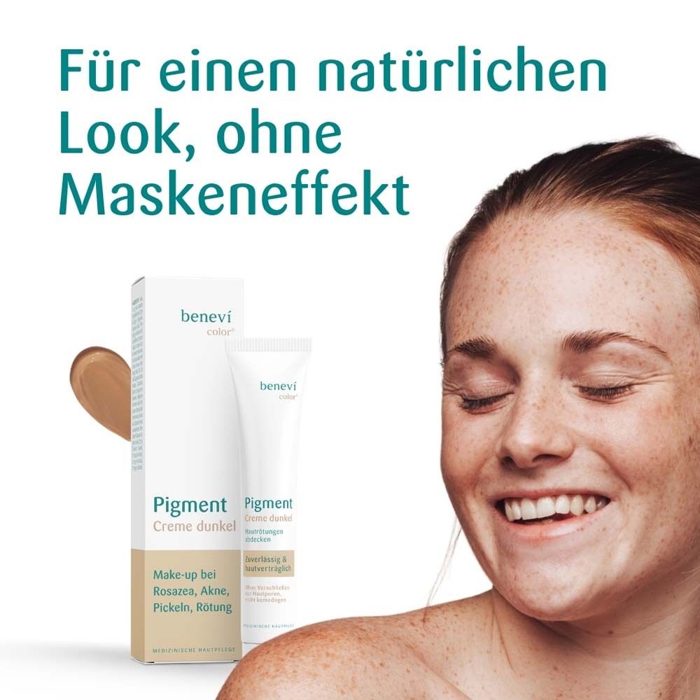 Pigmentcreme dunkel, Tube und Verpackung. Text: Für einen natürlichen Look, ohne Maskeneffekt. Frau mit Sommersprossen.