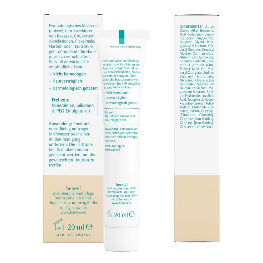 Tube und Verpackung. Text: Dermatologisches Make-up (unisex) zum Kaschieren von Rosacea, Couperose, Akne, Narben oder Hautunreinheiten.