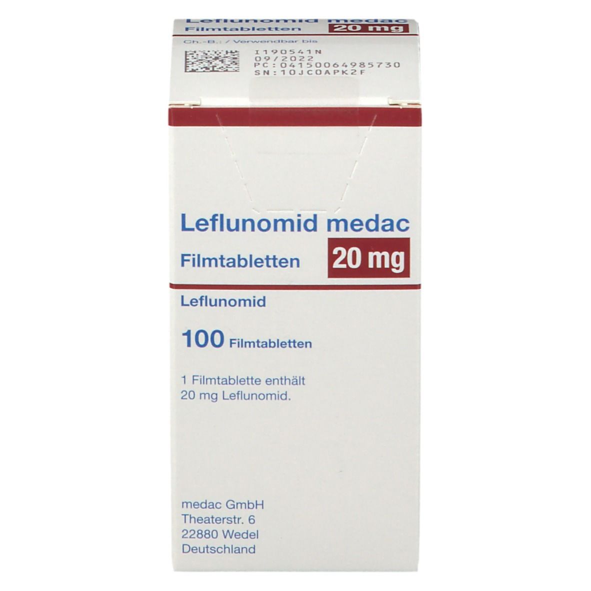 Leflunomid medac 20 mg Filmtabletten Schachtel, Vorderseite mit Produktinformationen.