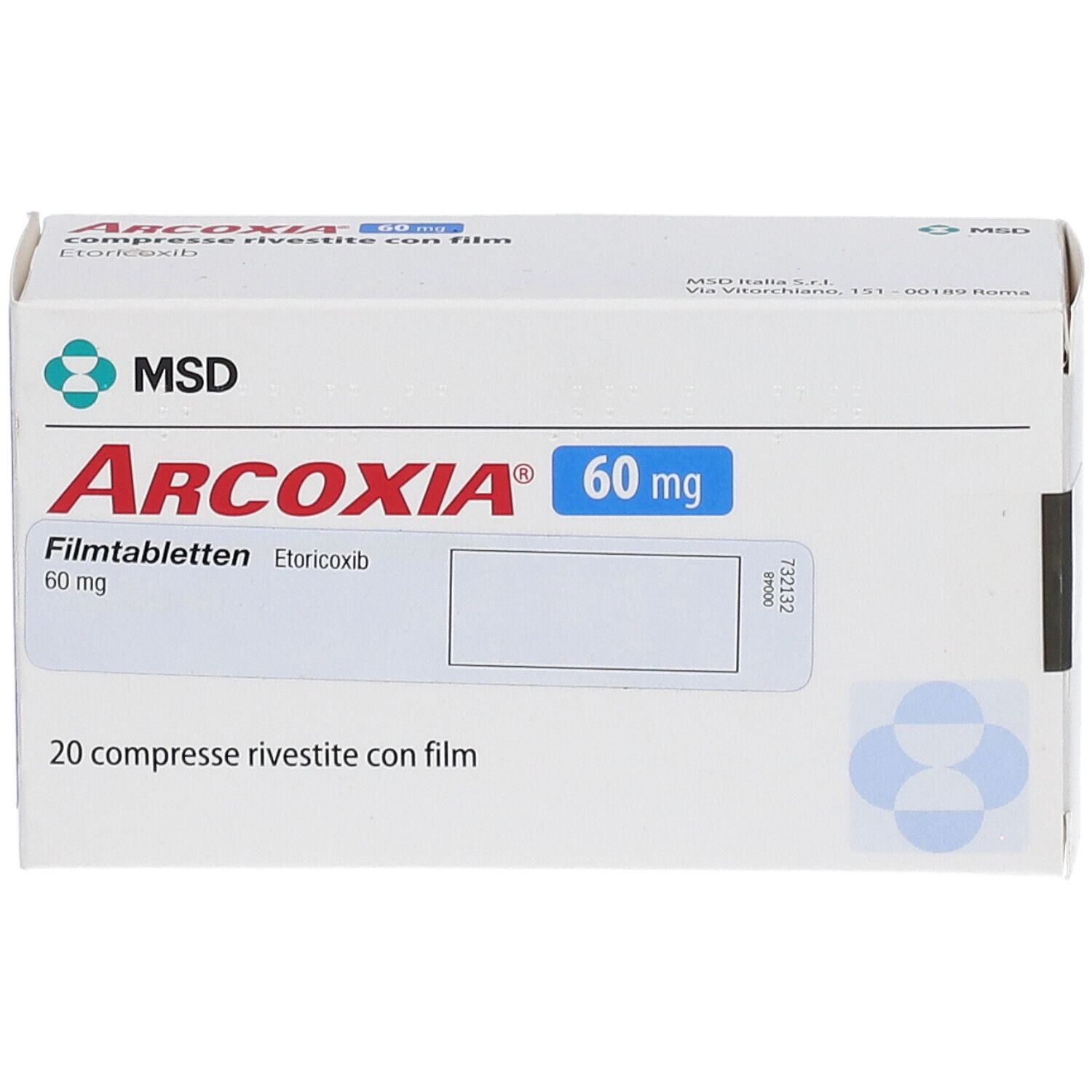 ARCOXIA 60 mg Schachtel. Blaue 60 mg Angabe. 20 Tabletten. MSD Logo.