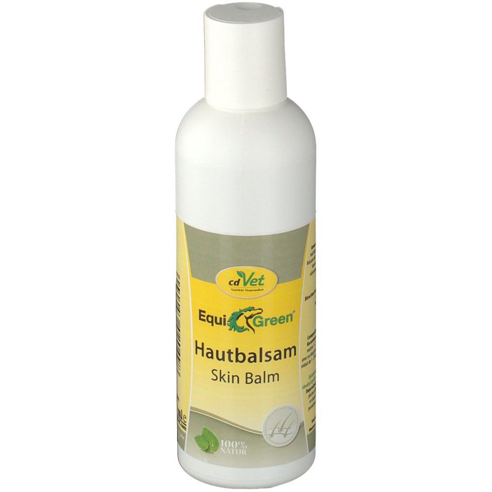 Weiße Flasche mit gelb-grünem Etikett. Aufschrift: EquiGreen Hautbalsam, Skin Balm. Logo: cdVet.