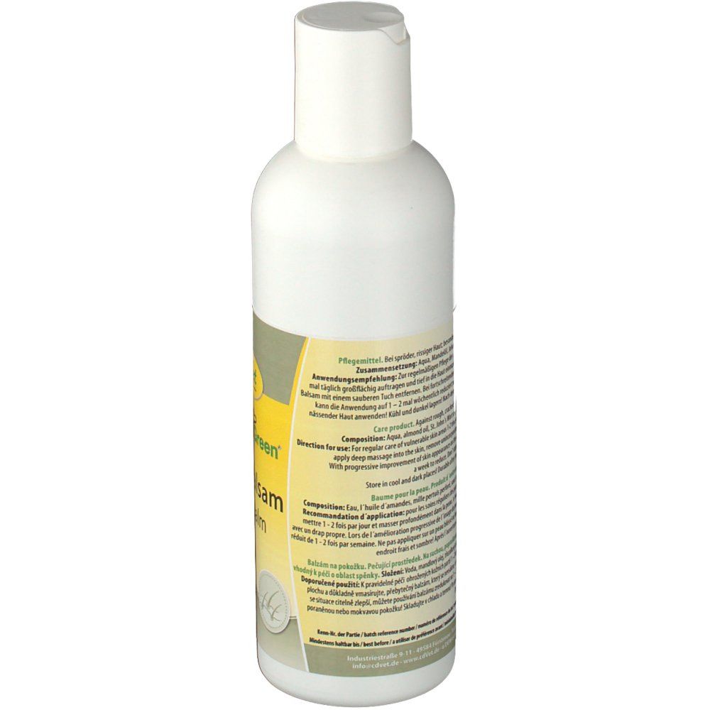 Rückseite der weißen Flasche. Text auf gelbem Hintergrund. Aufschrift: Anwendungsempfehlung, Composition, etc.