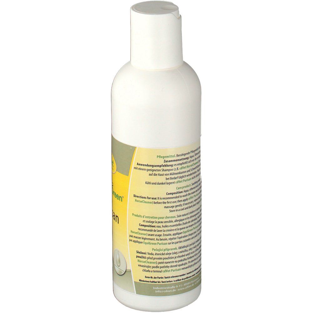 Rückseite der weißen Flasche. Etikett mit Text in mehreren Sprachen. Herstellerinformationen.