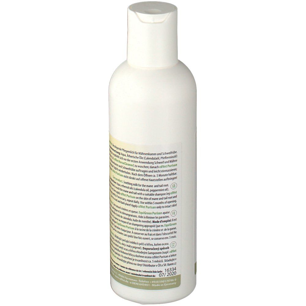 Rückansicht der weißen Flasche. Etikett mit Text in mehreren Sprachen. Herstellerinformationen.