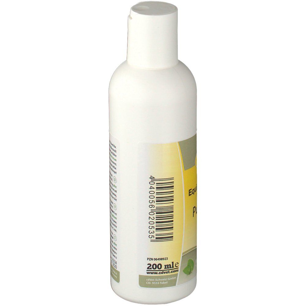 Weiße Flasche mit Etikett. Aufschrift: EquiGreen, Purisan, 200 ml. Barcode und Herstellerinformationen.