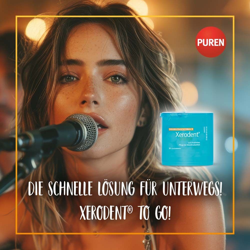Frau mit Xerodent-Packung. Text: Die schnelle Lösung für unterwegs! Xerodent To Go!