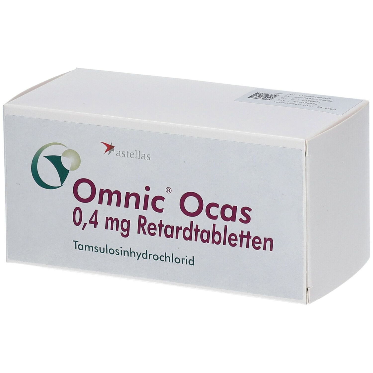 Weiße rechteckige Schachtel mit Aufschrift Omnic Ocas 0,4 mg Retardtabletten. Logo und Herstellerangaben.