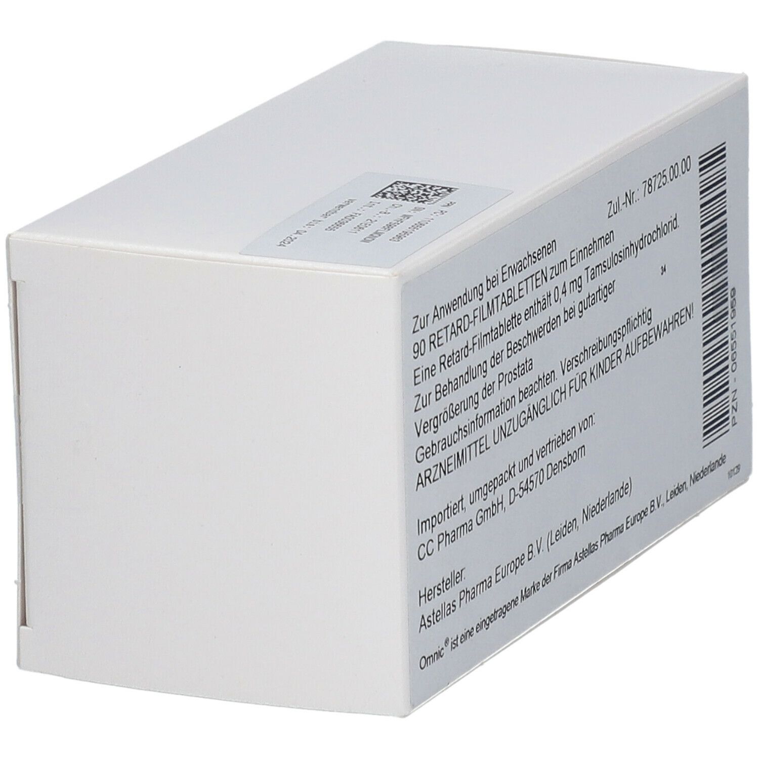 Weiße Schachtel, schräg, Rückseite mit Text. Informationen zu Anwendung, Inhaltsstoffen und Hersteller.