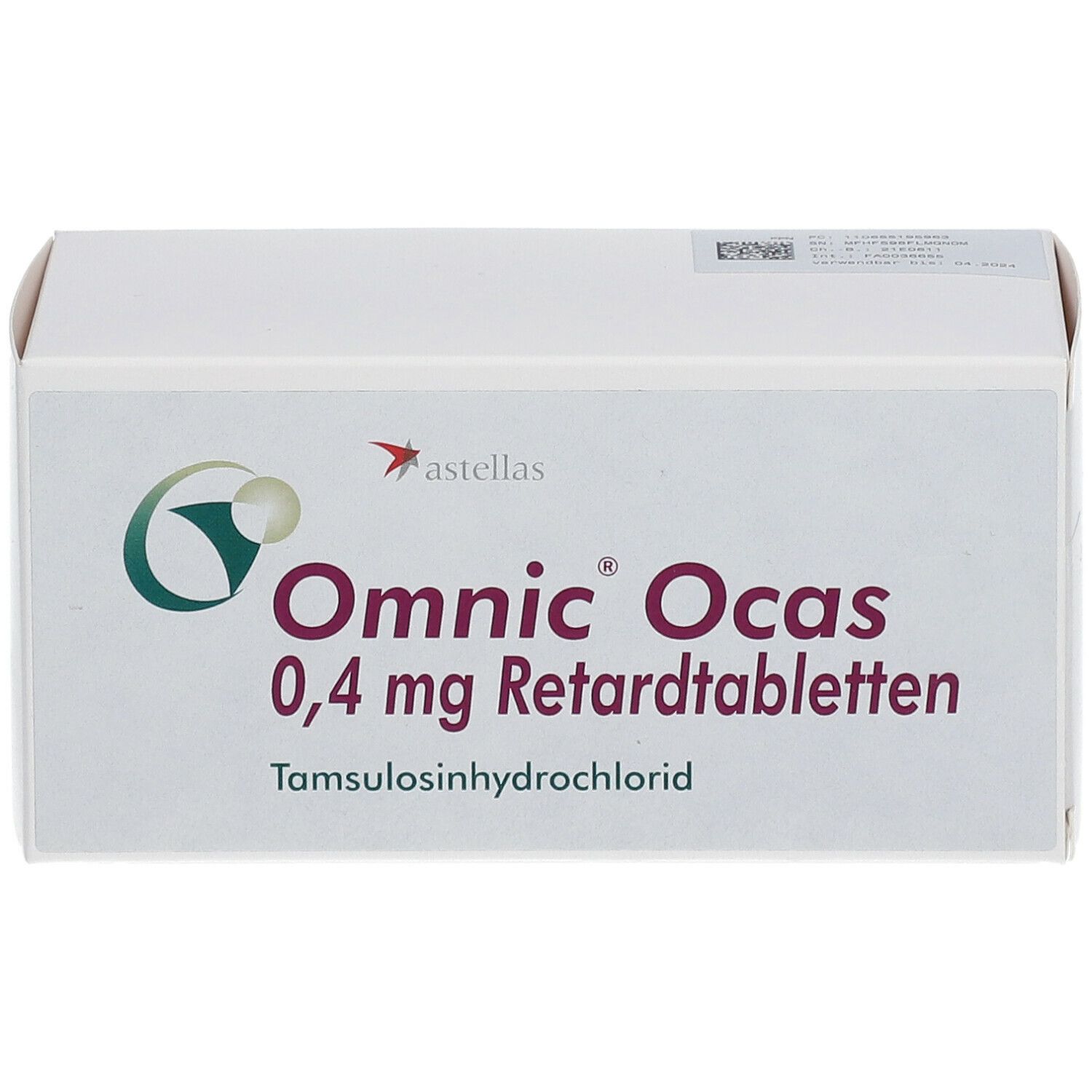 Weiße rechteckige Schachtel mit Aufschrift Omnic Ocas 0,4 mg Retardtabletten. Logo und Herstellerangaben.