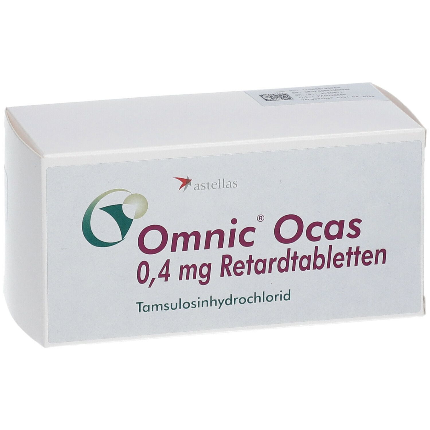 Weiße rechteckige Schachtel mit Aufschrift Omnic Ocas 0,4 mg Retardtabletten. Logo und Herstellerangaben.