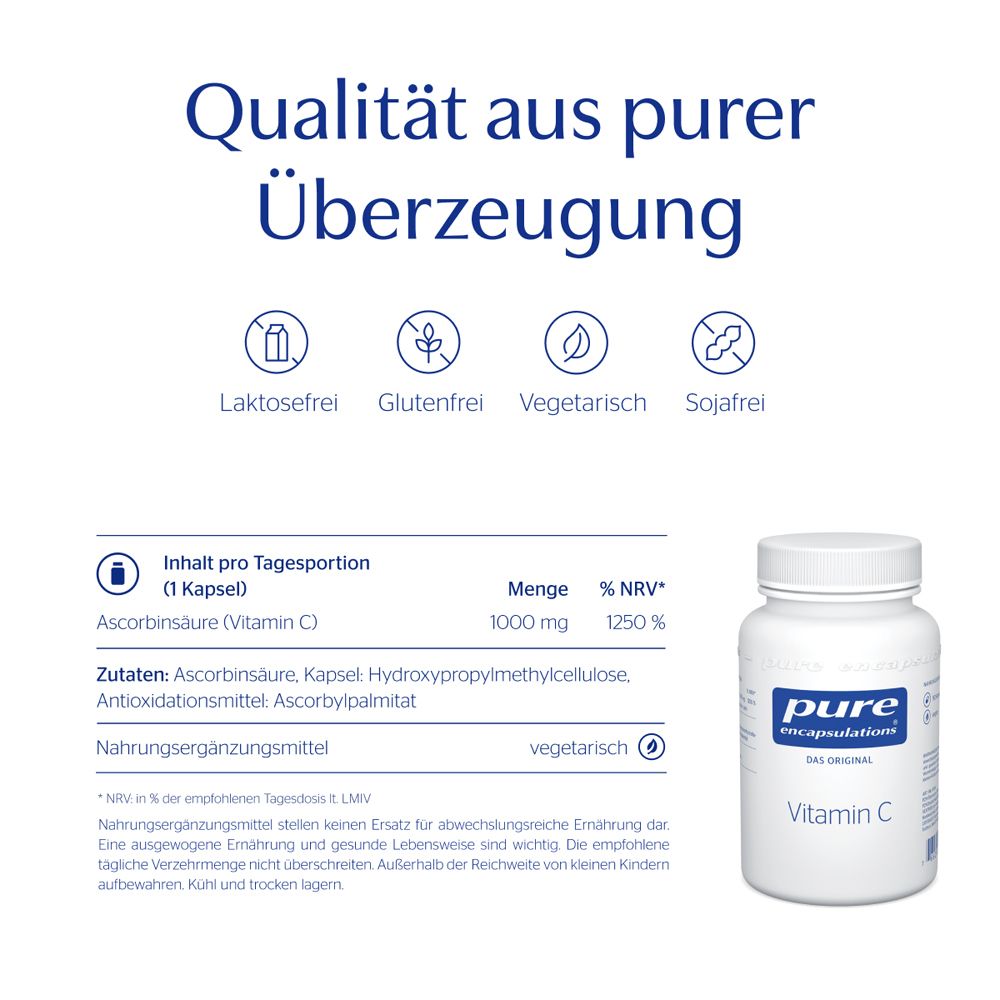 Flasche Vitamin C neben Text. Laktosefrei, glutenfrei, vegetarisch, sojafrei. 1000 mg Vitamin C.