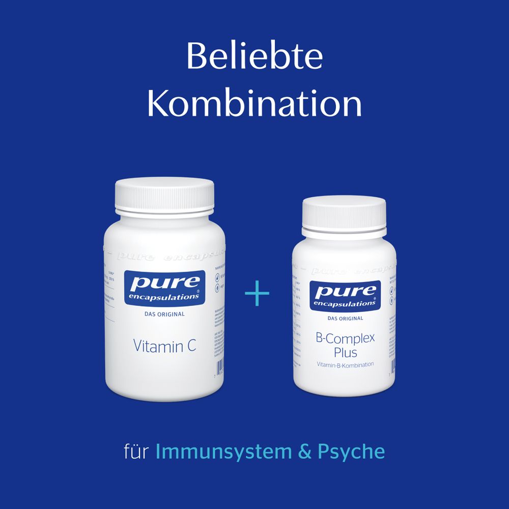 Zwei Flaschen. Vitamin C und B-Complex Plus. Für Immunsystem & Psyche. Logo: pure encapsulations.