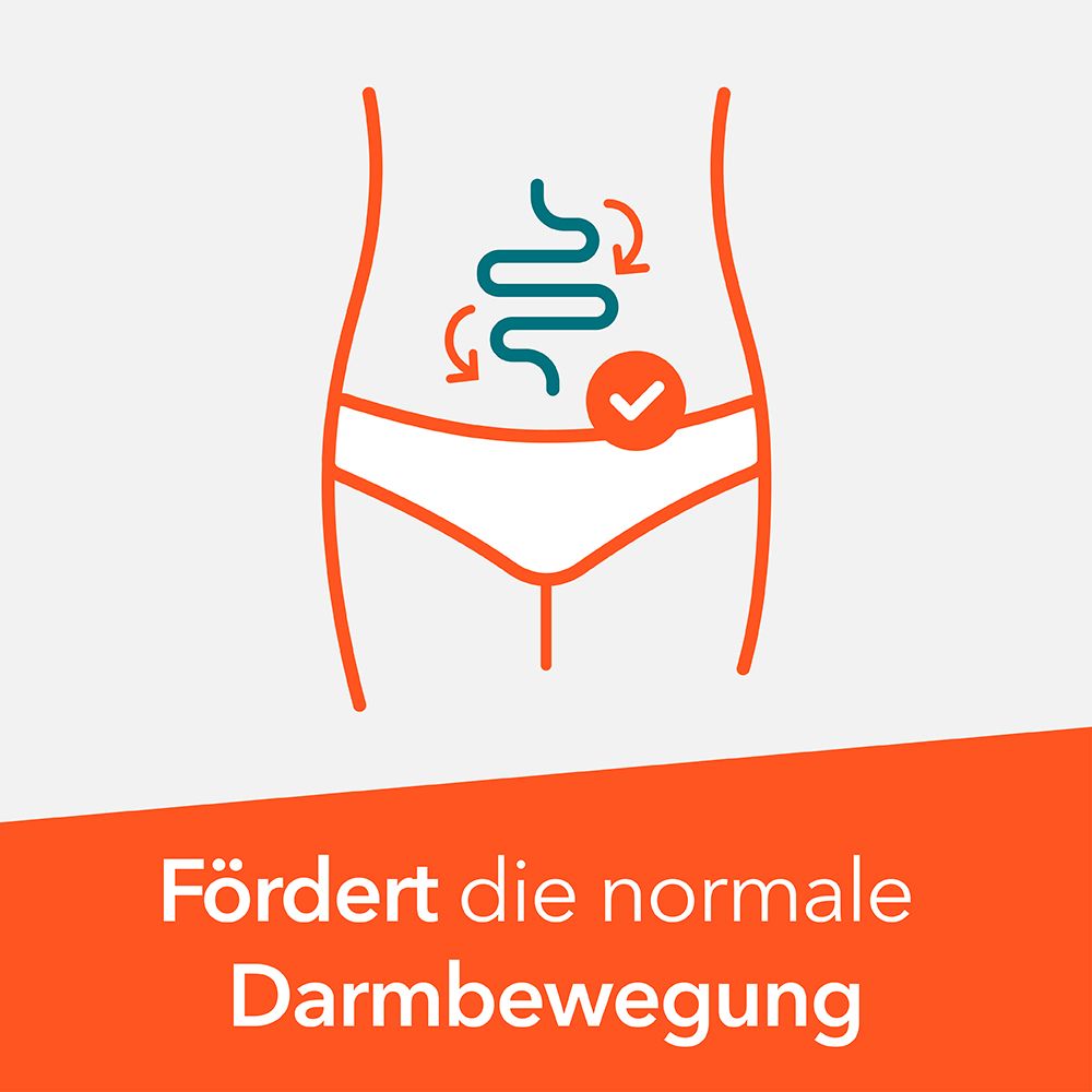 Abbildung des Darms mit Pfeilen und Haken. Text: Fördert die normale Darmbewegung.