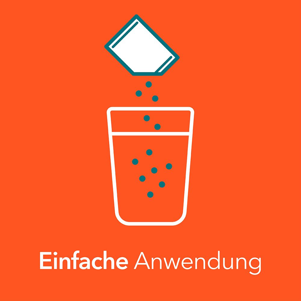 Beutel wird in ein Glas gegossen. Text: Einfache Anwendung.