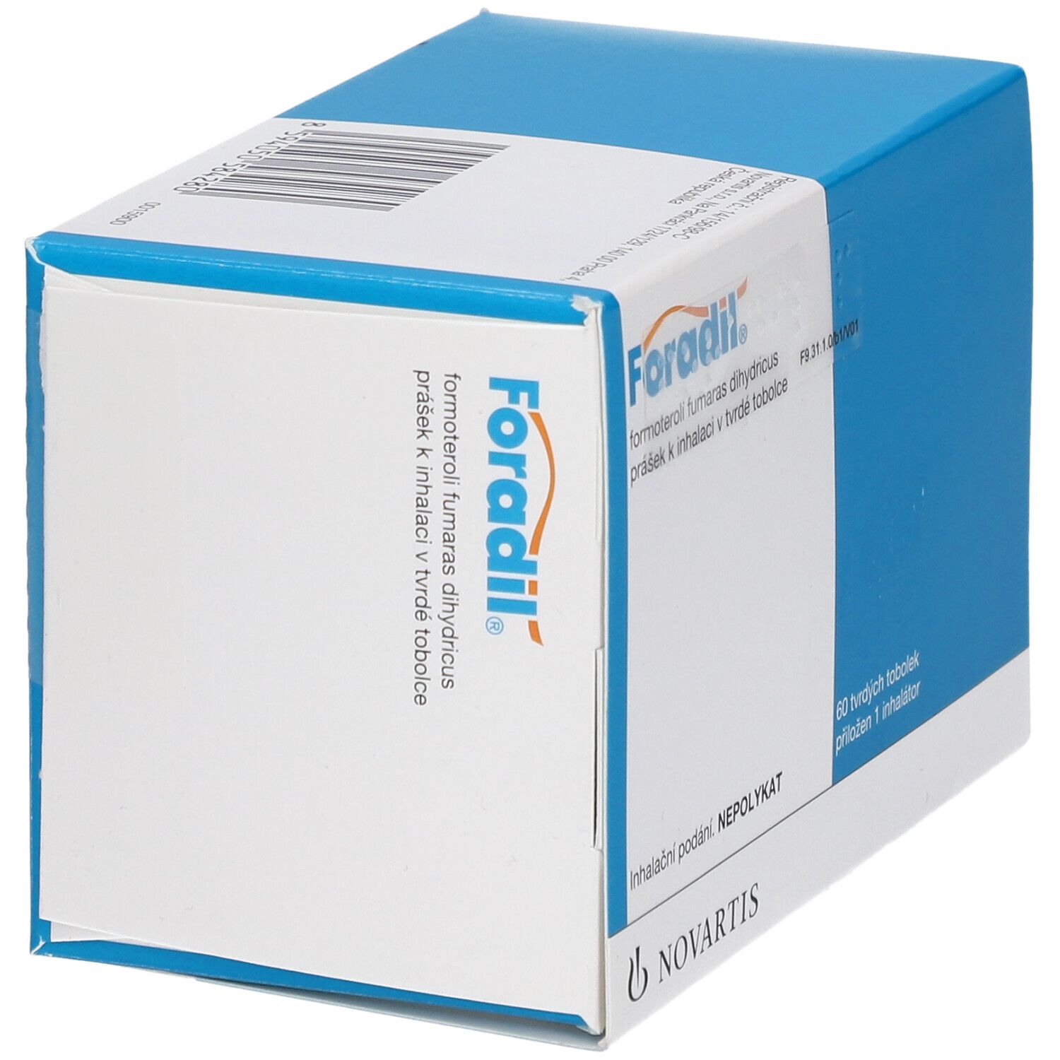 Blau-weiße Schachtel mit "Foradil" Aufdruck. Enthält 60 Hartkapseln und 1 Inhalator. Novartis Logo.