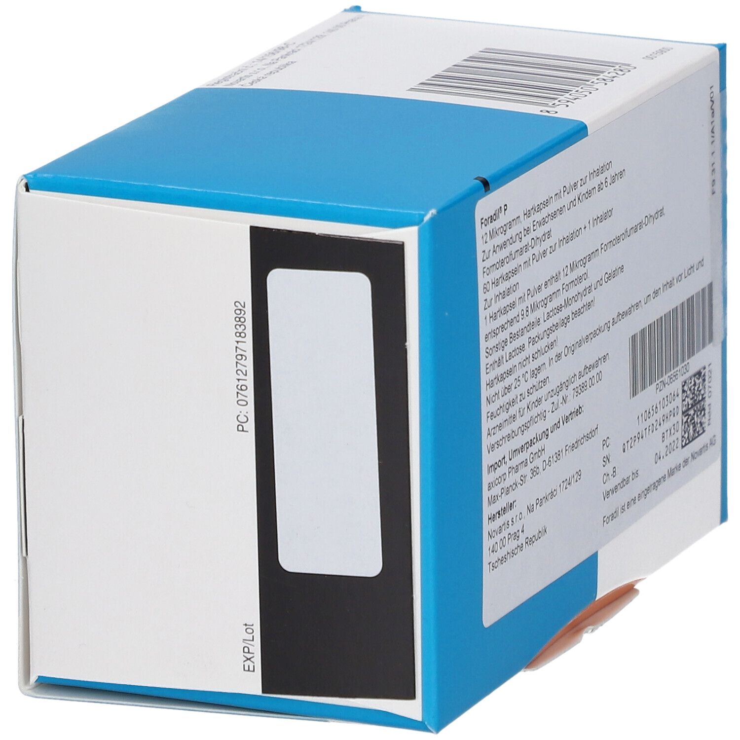 Schachtel mit "Foradil" Aufdruck. Enthält 60 Hartkapseln und 1 Inhalator. Barcode und Textfelder.