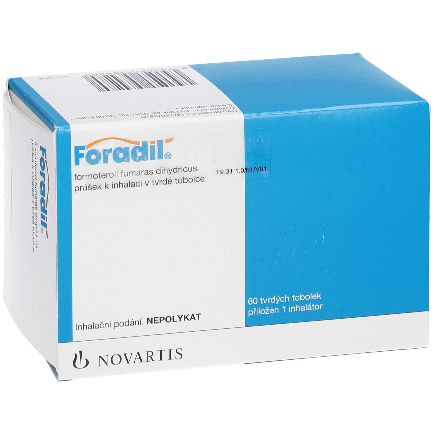 Blau-weiße Schachtel mit "Foradil" Aufdruck. Enthält 60 Hartkapseln und 1 Inhalator. Novartis Logo.