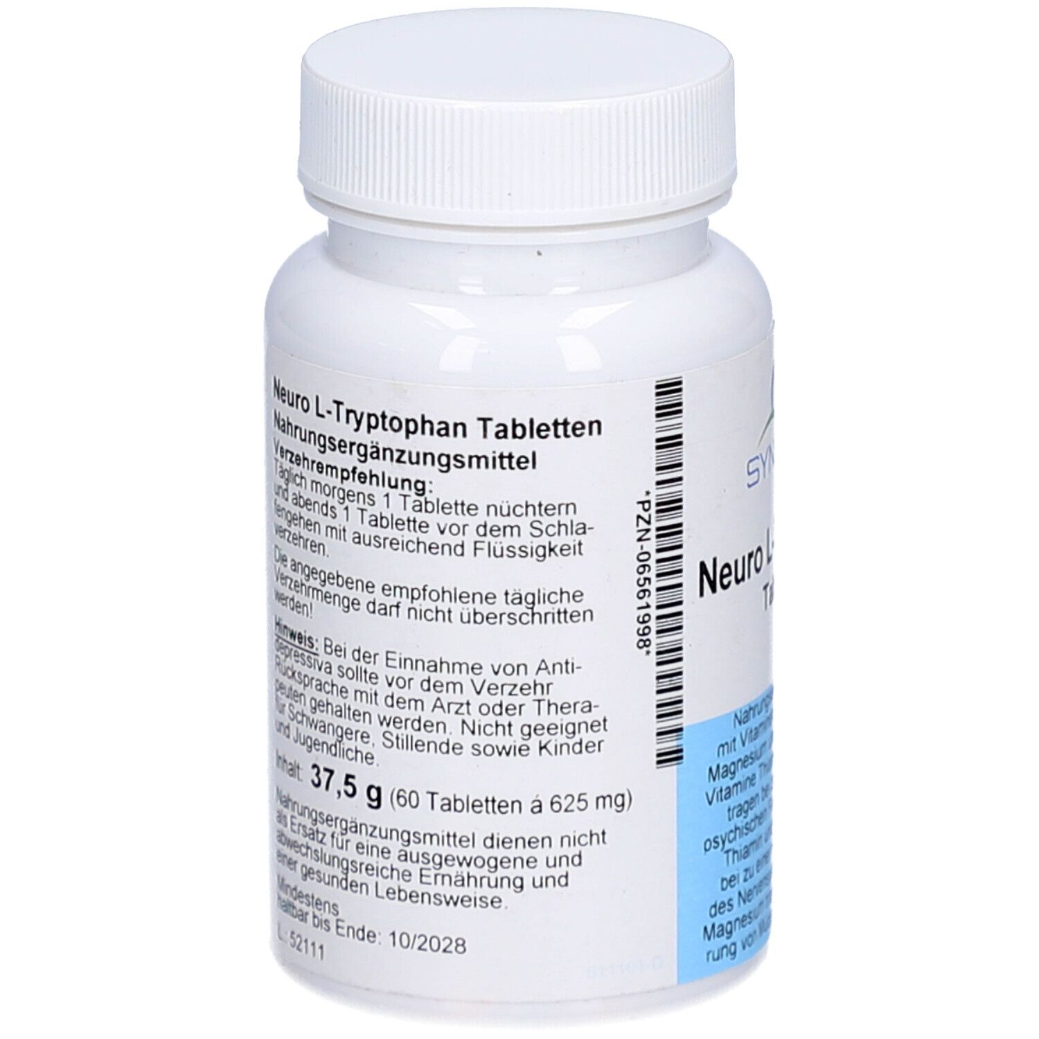 Rückseite der weißen Tablettenflasche. Text: Neuro L-Tryptophan Tabletten. Nahrungsergänzungsmittel. Inhaltsangabe und Verzehrempfehlung.