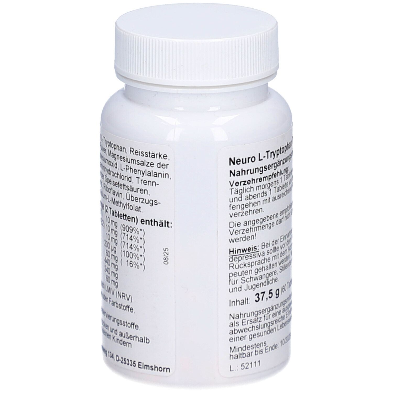 Rückseite der weißen Tablettenflasche. Text: Neuro L-Tryptophan Tabletten. Inhaltsstoffe und Nährwertangaben. Mindesthaltbarkeitsdatum.