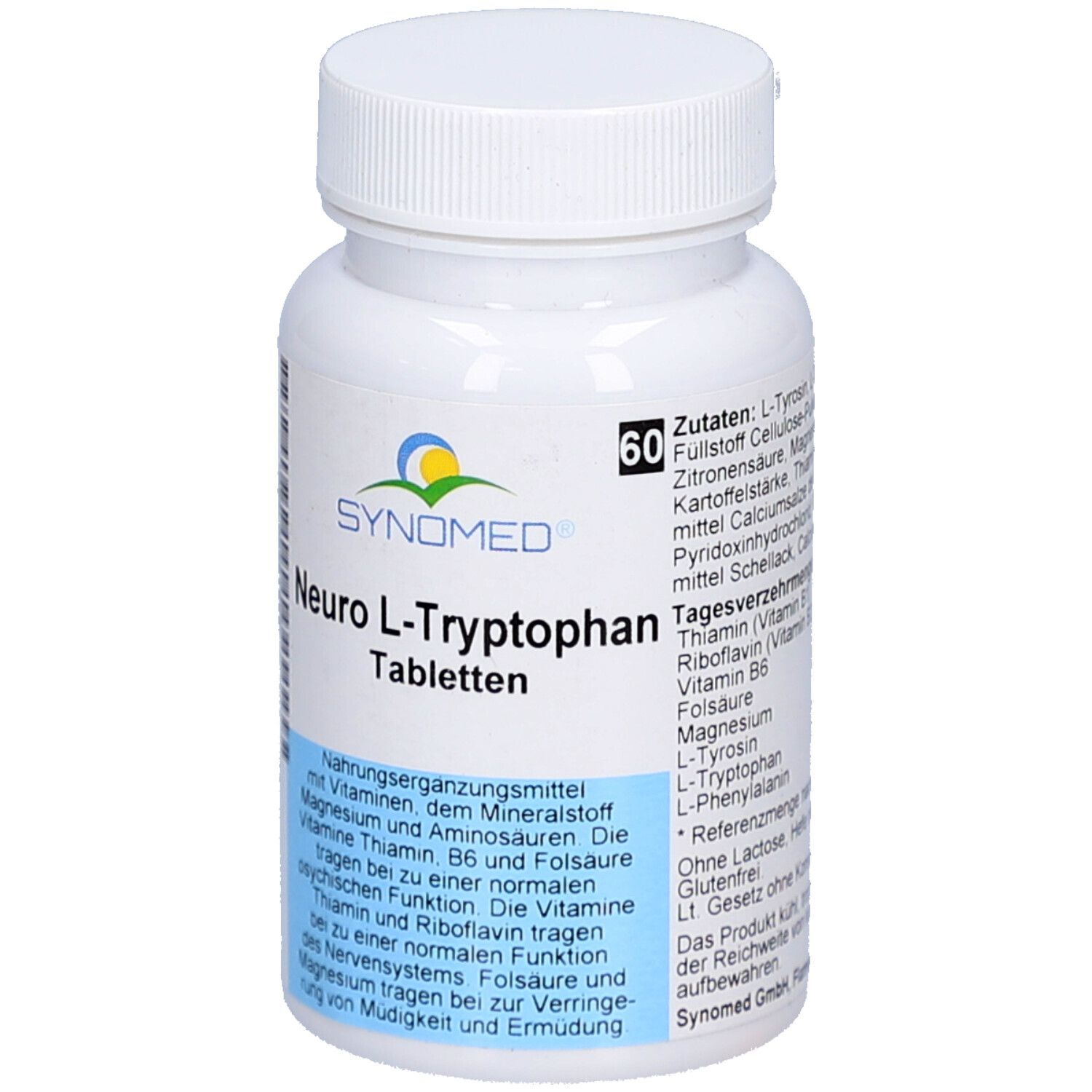 Weiße Tablettenflasche mit blauem Etikett. Aufschrift: SYNOMED Neuro L-Tryptophan Tabletten. Enthält 60 Tabletten. Zutatenliste.