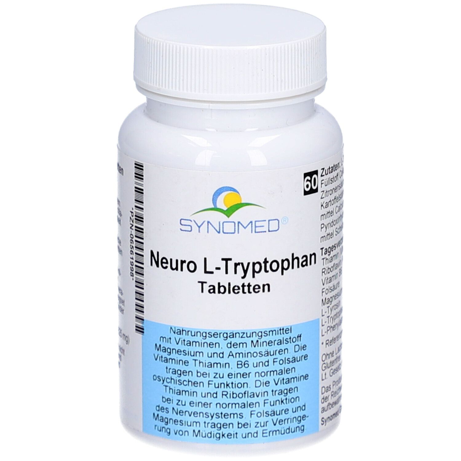 Weiße Tablettenflasche mit blauem Etikett. Aufschrift: SYNOMED Neuro L-Tryptophan Tabletten. Enthält 60 Tabletten. Herstellerinformationen.