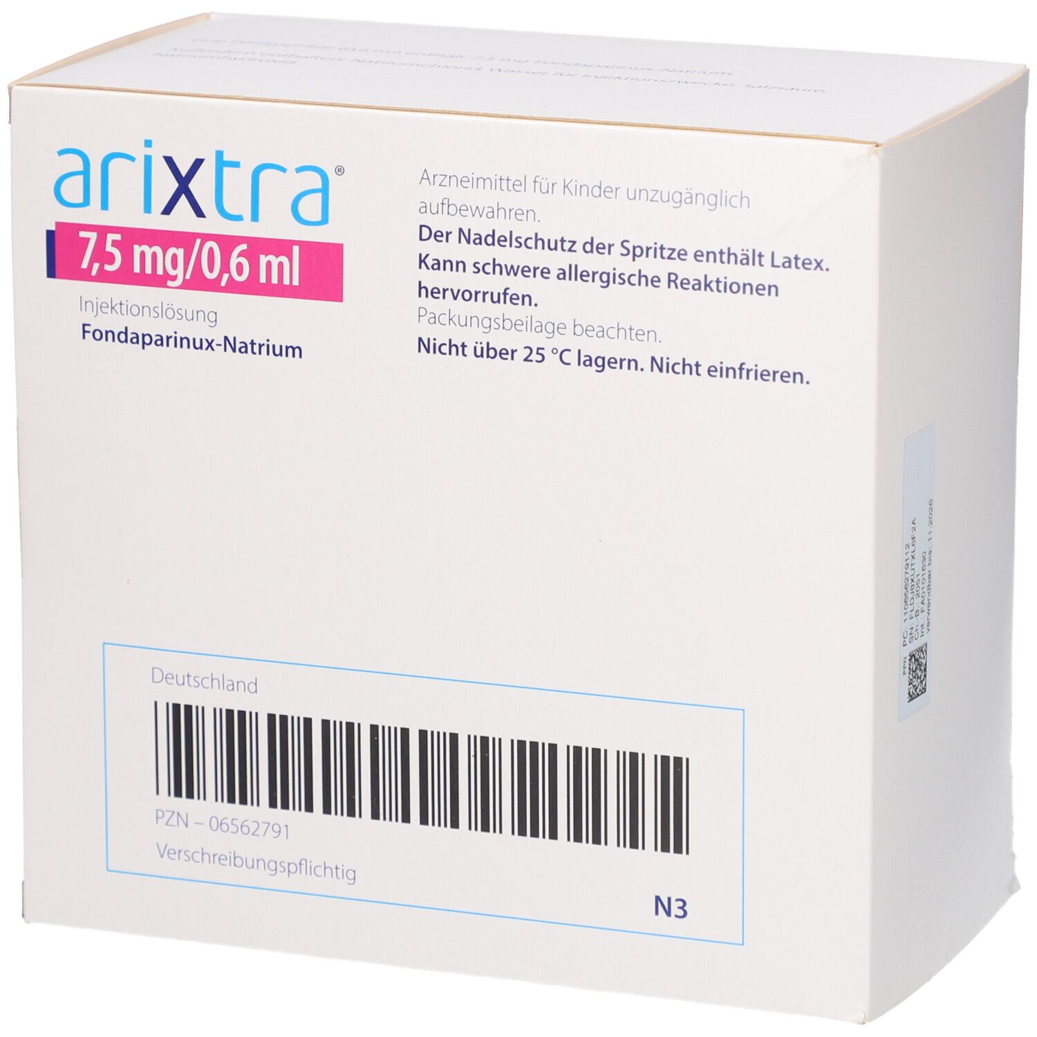 Arixtra 7,5 mg/0,6 ml. Verpackung mit Text: Injektionslösung, Fondaparinux-Natrium, subkutane Anwendung. Barcode.