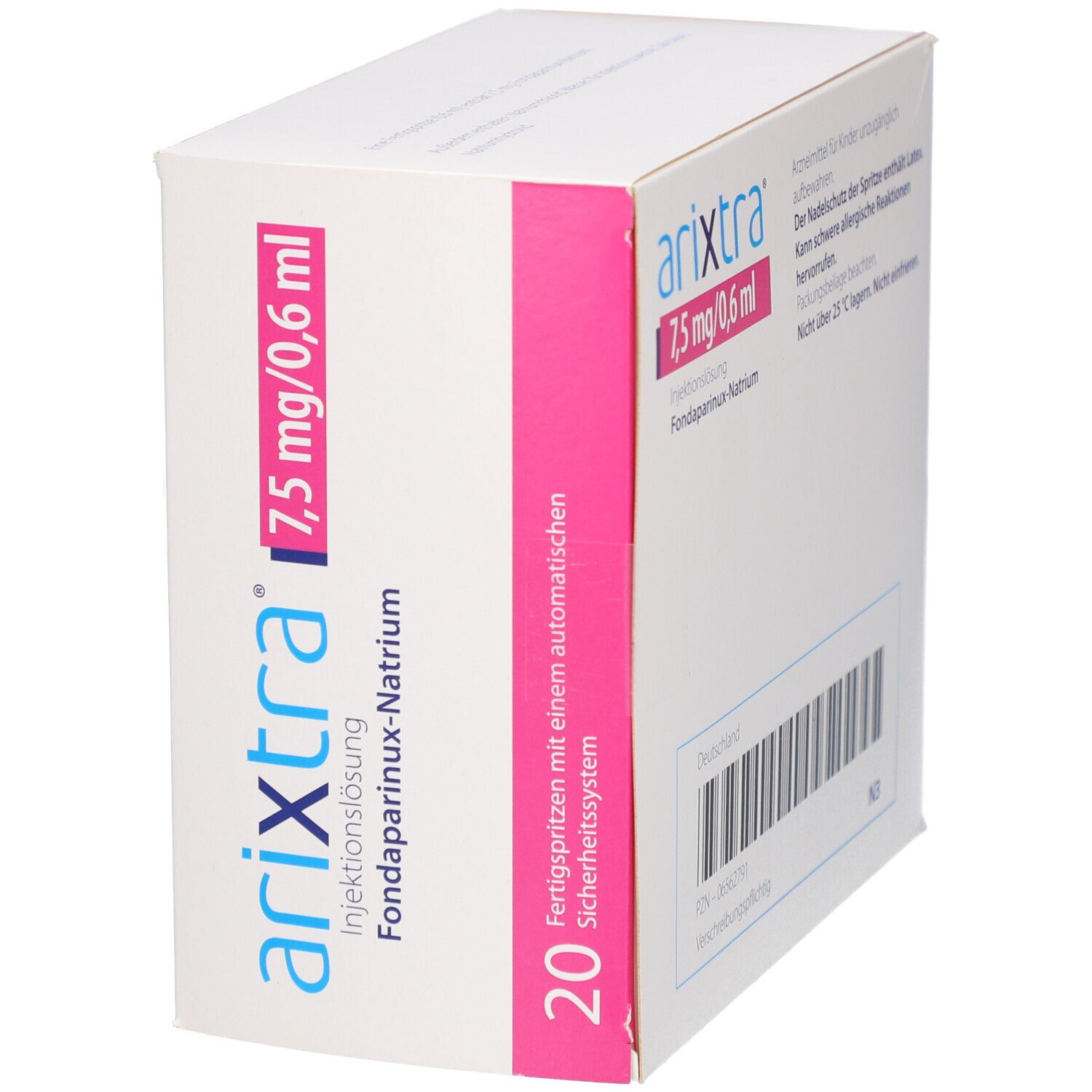 Arixtra 7,5 mg/0,6 ml. Packung mit 20 Fertigspritzen. Text: Injektionslösung, Fondaparinux-Natrium, subkutane Anwendung.